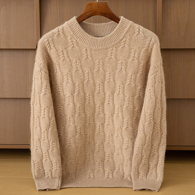 Autumn and Winter Cashmere Casual Versatile Loose Men's Solid Color Cable Knit Round Neck Pullover Wool Sweater