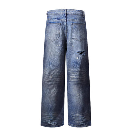Ottb Men's Clothing | American-Style Vintage Ripped Loose Straight-Leg Floor-Length Jeans for Men, Spring Casual Pants.