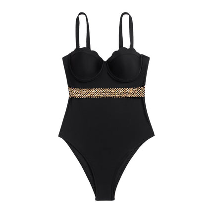 2024 new Amazon cross-border swimsuit female sexy one-piece gathered strap solid color foreign trade swimsuit in stock wholesale