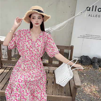 Cotton floral dress 2024 new thin waist pure wind Amazon artificial cotton beach dress fairy dress
