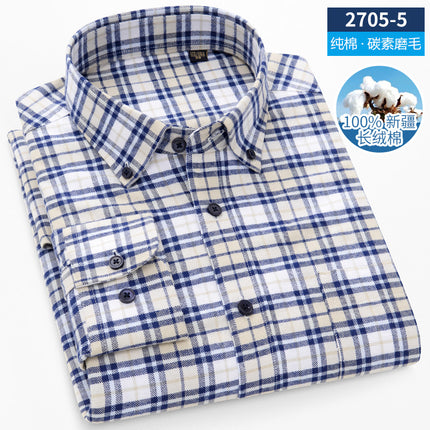 Men's Long-Sleeved Pure Cotton Brushed Plaid Casual Shirts Trendy Fashion Casual Shirts Wholesale