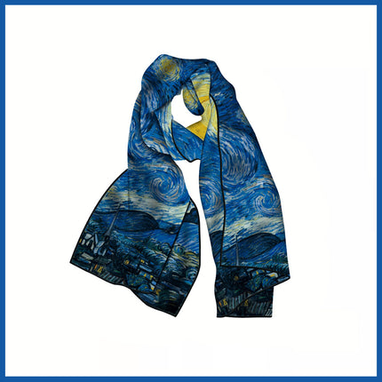 150cm Spring Long Van Gogh Oil Painting Series Starry Sky Women's Long Silk Scarf All-Match Shawl Scarf Scarf for All Seasons