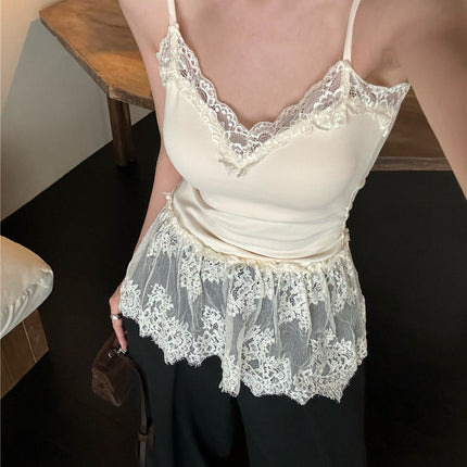 1085# V-Neck Elegant Lace Skirt Beautiful Camisole Autumn and Winter Fart Curtain Stitching Mesh Sleeveless Top