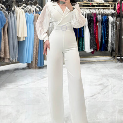 Cross-border 2025 Europe and the United States autumn and winter new chiffon stitching long sleeve women's jumpsuit INS office commuter jumpsuit