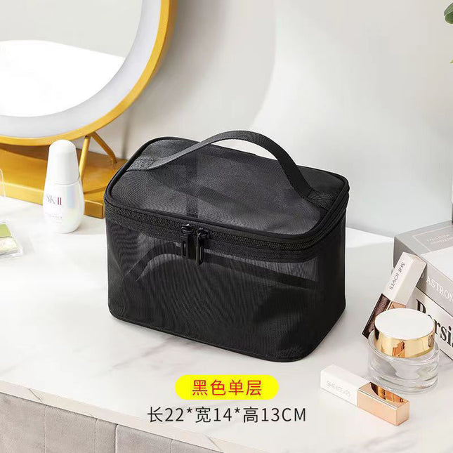 New Large-Capacity Cosmetic Bag for Women, Black Transparent Mesh Cosmetics and Toiletries Storage Bag with Transparent Design