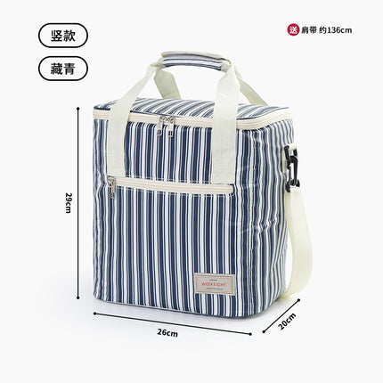 Vertical Stripesd Thermal Insulation Picnic Bag Outdoor Travel Camping Style Satchel Storage Bag Thickeneded Large Capacity Waterproof and Stain-Resistant
