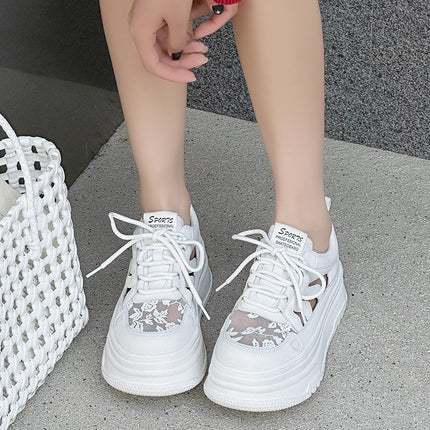 Genuine Leather Lace Mesh White Sneakers 2026 Summer New Thick-Soled Hollow-Out Versatile Trendy Sports Casual Sneakers for Women