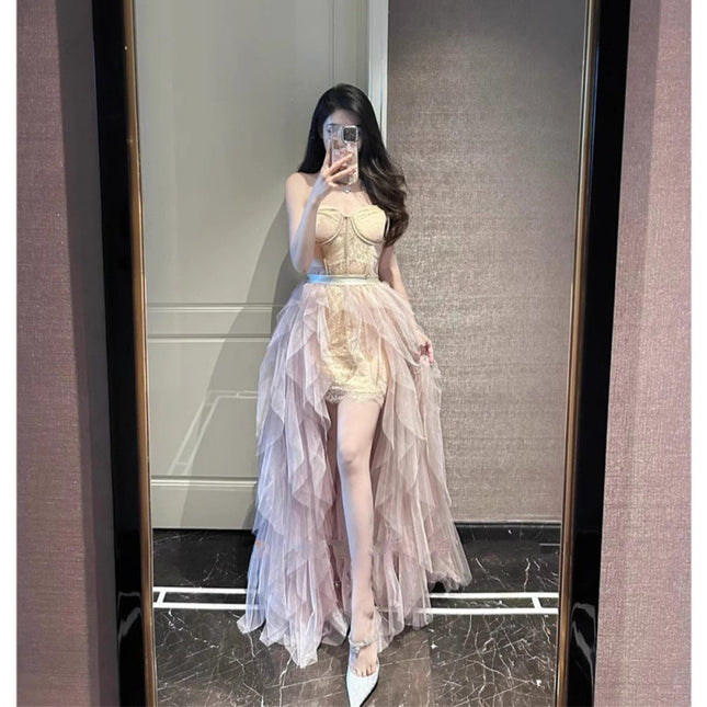 Sense Irregular Socialite dress Waist Long Dress Gown Light Luxury Niche Elegant Strapless Dress suit