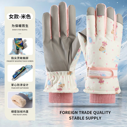Wholesale Women's Cartoon Velvet Ski Gloves Winter Outdoor Windproof and Cold-Proof Warm Gloves Waterproof and Non-Slip Gloves