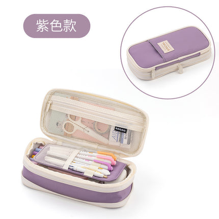 in stock Multi-layer Canvas Retractable Pencil Case Korean Simple High School Student Macaron Color-block Variable Large Capacity Pencil Case