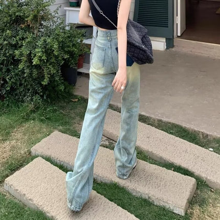 American retro nostalgic light blue high waist wide leg floor jeans 2024 autumn slim high street ins trousers