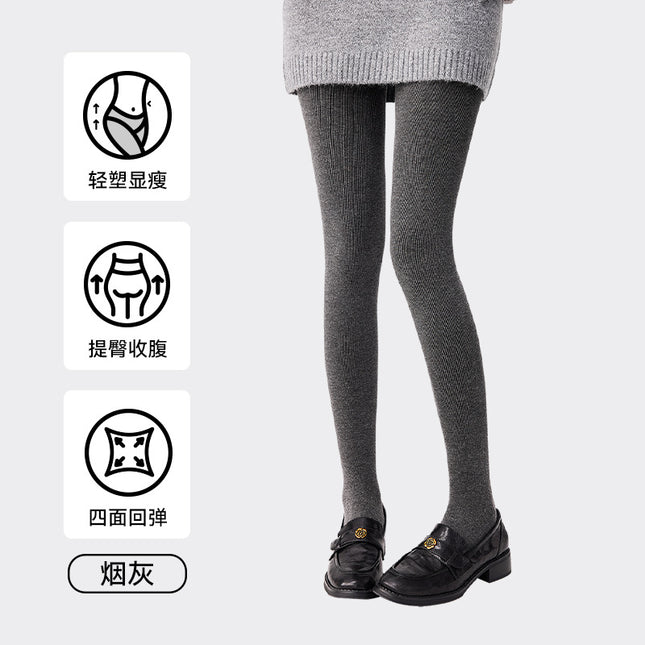 Women's Autumn and Winter Cotton Vertical Striped Leggings, High-Length, Thickened, Warm, Plus-Size Gray Pantyhose