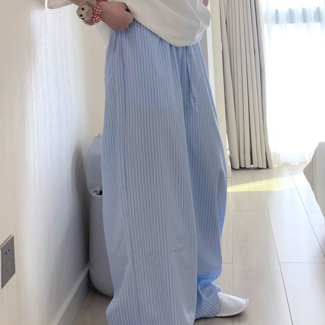 Blue Striped Loose Slimming Wide-Leg Pants for Women Summer Versatile Lazy Floor-Length Casual Sweatpants