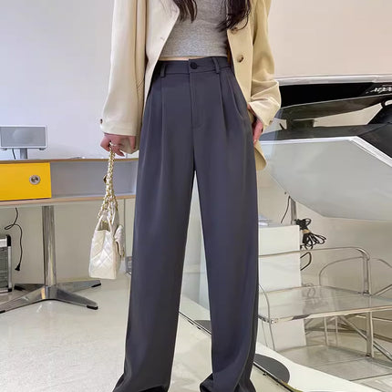 Gray Suit Pants for Women Spring and Summer New High-Waisted Double Pleated Slim Floor-Length Trousers Casual Straight Wide-Leg Pants