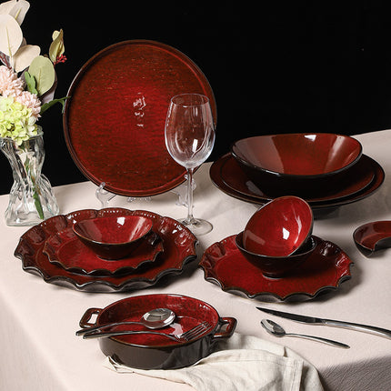 Personalized wine red ceramic restaurant hotel tableware embossed exquisite fruit pastry tray tea tray household dish salad bowl