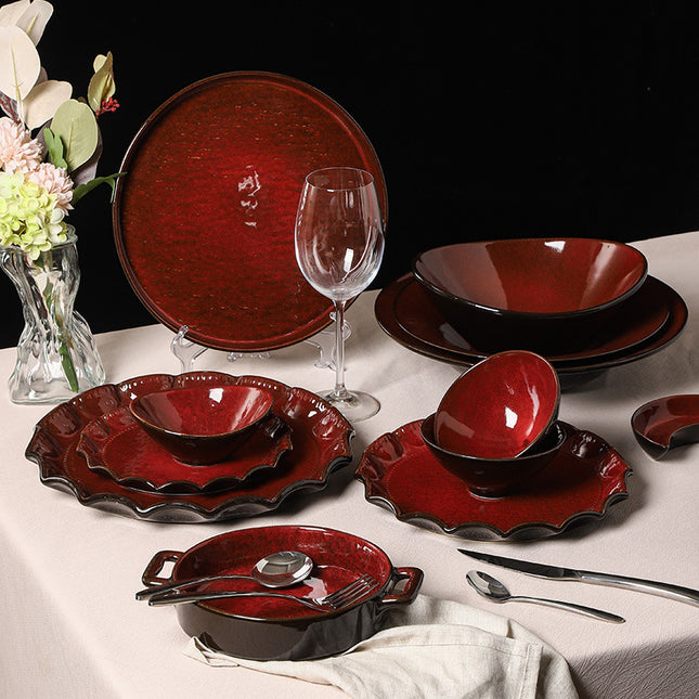 Personalized wine red ceramic restaurant hotel tableware embossed exquisite fruit pastry tray tea tray household dish salad bowl