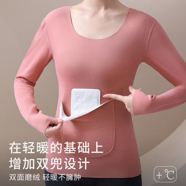Front and Back Pocket Double Pocket Thermal Underwear for Women, Fleece-Lined, Thickened, Heating, Waist Protection, Belly Warming, Autumn Clothing for Women
