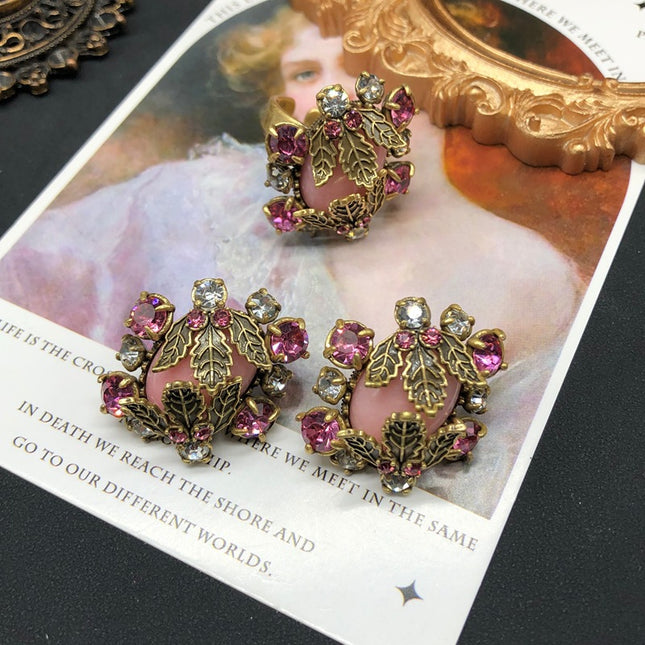 Retro Style Versatile Earrings Ring Leaf Design Copper Material Diamond Pink Crystal Topaz Old Gold Ring Set Jewelry