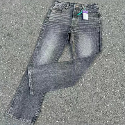 2025 Cross-Border Black and Gray Marble Washed Bootcut Jeans Clean Fit Style Retro Pants Trend