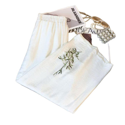 Loose-Fitting Cotton and Linen Embroidered Wide-Leg Pants for Women, Summer Pants, Slimming High-Waisted Thin Straight-Leg Casual Pants for Women