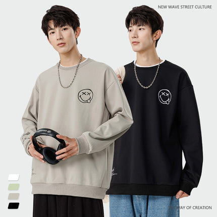 Smiley face embroidered heavy round neck sweater men's autumn new Japanese fashion brand all-matching boys plus size casual pullover