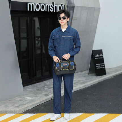 Thin summer Denim overalls suit male welder long sleeve power grid power factory workshop labor protection suit male