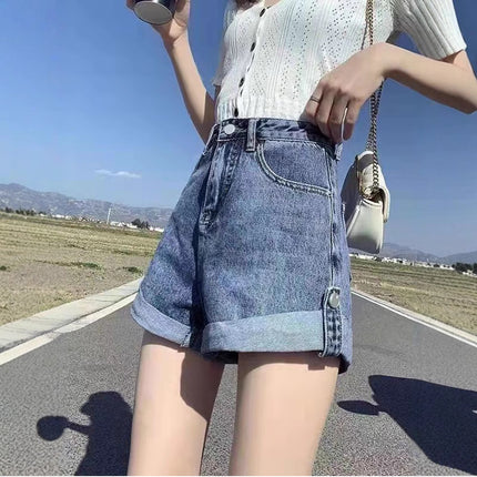 Personalized Versatile Curled Denim Shorts for Women Summer 2025 Pear-Shaped Figure High-Waisted Loose Slimming Thin Wide-Leg Shorts