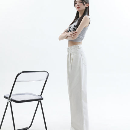 Spring 2025 New White Pleated Design Wide-leg Jeans Women's Loose Slimming All-match Simple Drape Straight