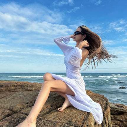 Hot Girl Sexy Backless See-Through Vacation Blouse Skirt Women's New Summer Seaside Bikini with Long-Sleeved One-Piece Swimsuit