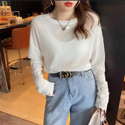 Wholesale T-Shirt for Women 2025 New Short-Sleeved Popular Summer Right Shoulder Ice Silk Mesh Top Slightly See-Through Facial Mask Bottoming Shirt