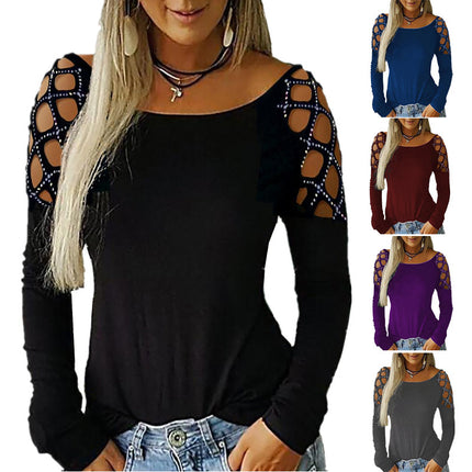 European and American cross-border 2023 autumn and winter women's clothing eBay Amazon wish round neck rhinestone hollow-out long sleeve top T-shirt