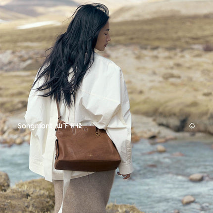 Songshanxia Xunlu Series Hobo Bag New Model Vegetable-Tanned Leather Wide Shoulder Strap Fashionable Versatile Shoulder Bag