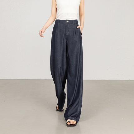 2025 Summer Thin Faux Denim Wide-Leg Pants for Women, High-Waisted Floor-Length Loose Banana Scimitar Pants, Slimming