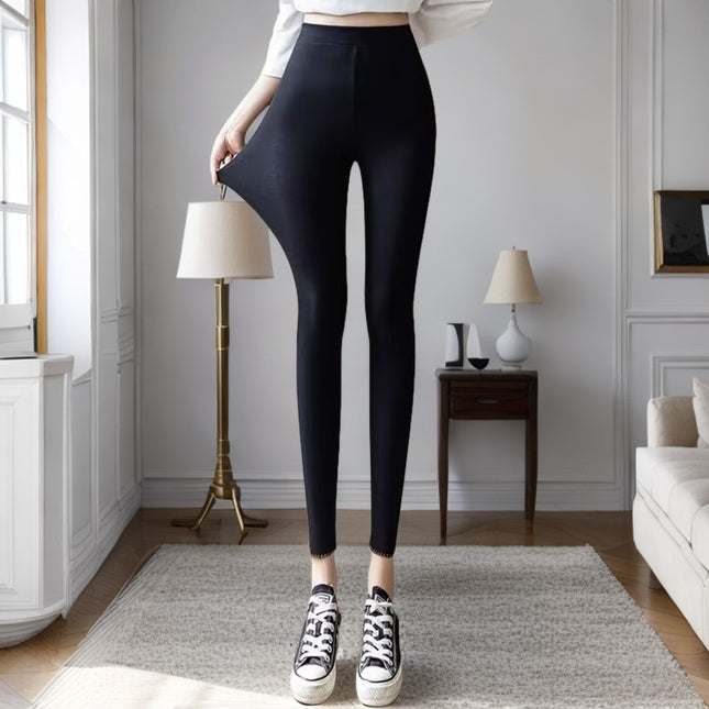 Women's Leggings for Outerwear, Spring and Autumn Style, Elastic Slim Fit, Ribbed High-Waisted, Nine-Tenths Length, Solid Color, Autumn and Winter Skinny Pants