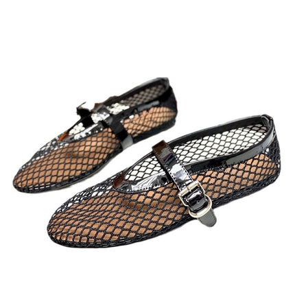 2024 New Fishnet Shoes Hollow Out Ballet Shoes Women's Flat Mesh Retro Mary Jane Shoes