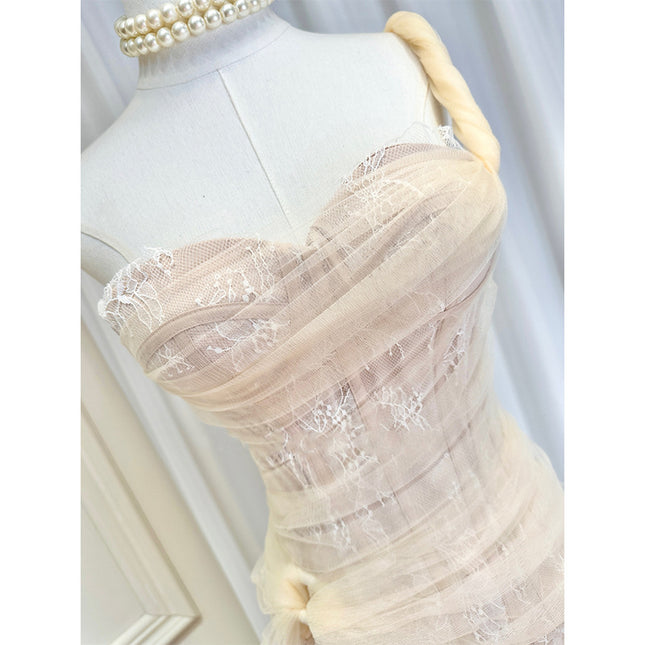 Dinner Dress Niche Design Fishbone with Chest Pad Single Shoulder Mesh Stitching Lace Split Floor Dress
