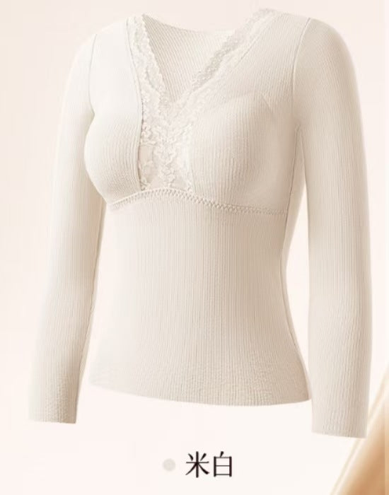 Autumn and Winter Light Cloud-Like Warm Top with Chest Pad V Neck Long-Sleeved Slimming Body Sexy Seamless Comfortable Base Layer