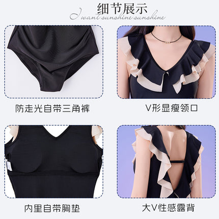 New Large Size Double Ruffle Swimsuit for Women, Conservative Belly-Covering Slimming Swimsuit, Sexy Backless Triangle One-Piece Bikini