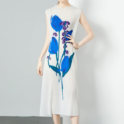 In Stock Miyake Dress Printed Elegant Elegant High-End Loose Slimming Look Elegant Round Neck Sleeveless Pleated Skirt