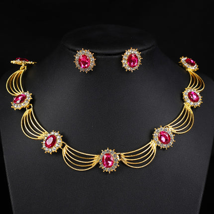 Cross-Border Gemstone Necklace, Artistic Retro Medieval Court Jewelry, Fan-Shaped Aesthetic Internet Celebrity Style Necklace and Earrings Set