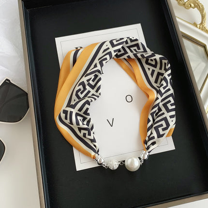 2025 New Magnetic Buckle Silk Scarf Women's Necklace Lazy Summer Pearl Neck Protector Collarbone Scarf Long Headscarf Wholesale