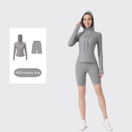 [in Stock] Ld Five-Piece Hooded Yoga Suit for Women, Fitness Yoga Set, High-Waisted, Barely-There Feel, Tight-Fitting Sportswear