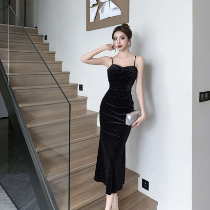 2160 autumn and winter socialite temperament gold velvet condole belt dress gypsophila rhinestone dress fishtail skirt slim dress