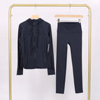 Black and blue hooded steel-printed jacket and cropped pants suit / 2/S