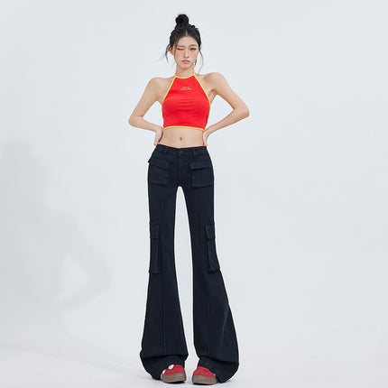 Bumi House# Factory Direct Tannin Color Micro-La Jeans Women's American Retro Fashion High-end Sense Low Waist Cute Pants