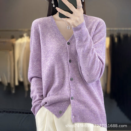 V-Neck Wool Knitwear for Women, Ready-Made Thin Autumn and Winter Work Clothing Slimming Look Elegant with 100% Wool Cardigan