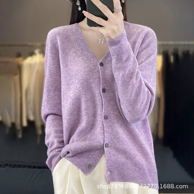 V-Neck Wool Knitwear for Women, Ready-Made Thin Autumn and Winter Work Clothing Slimming Look Elegant with 100% Wool Cardigan