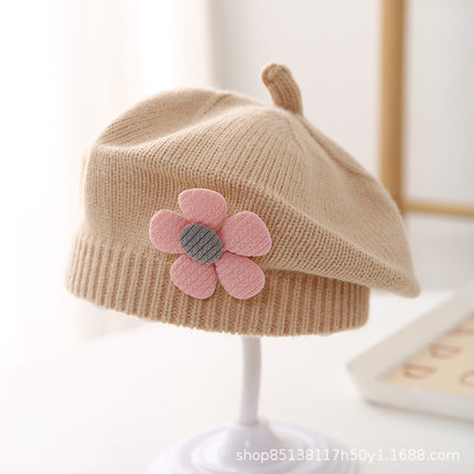 Baby hat autumn and winter baby girls' cute flower beret children's wool hat girls' knitted painter hat fashion