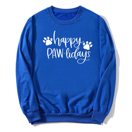 in stock Foreign Trade Cross-border Dog Feet Happy Pawlidays Printed Crewneck Sweat European and American Autumn and Winter Men's and Women's Top
