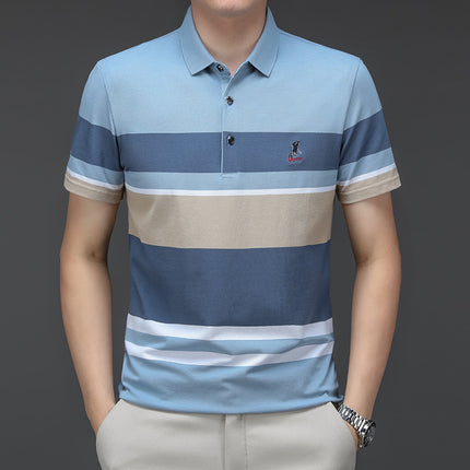 Mingdi Mouse Men's Summer New Pure Cotton Short-sleeved Men's T-shirt Striped Casual Lapel Large Size Men's Polo Shirt